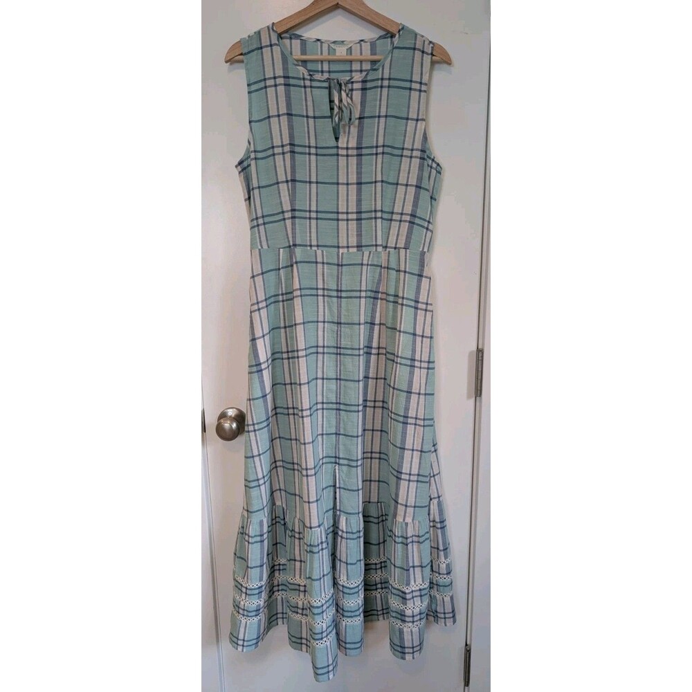 Caslon Plaid Tiered Midi Maxi Dress S Blue Keyhole Tie Crochet Lace Cottagecore